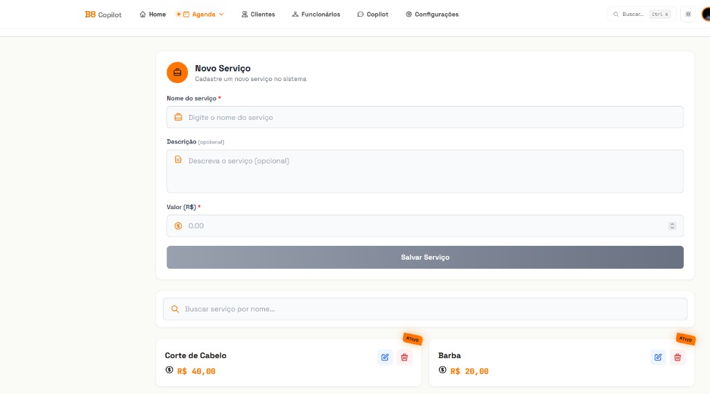 Tela de cadastro e gestão de serviços no B8