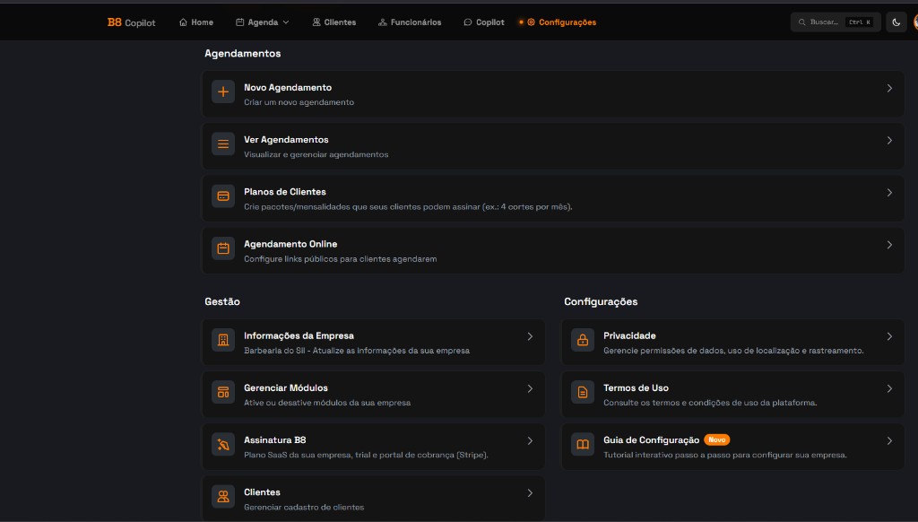 Tela de gestão de agendamentos e configurações do B8