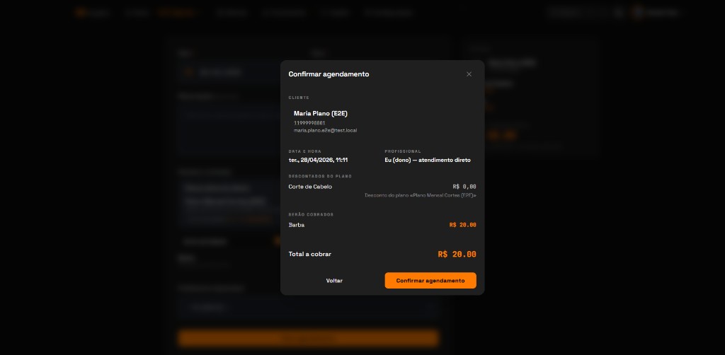 Modal de confirmação de agendamento com resumo de valores no B8